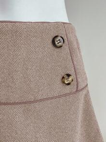 Elamini Retro Style Low Waist Women Button Design Fashion Midi Skirt - Dusty Pink - View 5