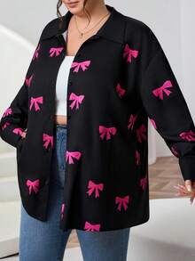 SHEIN CURVE+ CURVE 大码女式蝴蝶结印花长袖休闲单排扣衬衫 - 彩色 - 查看 6