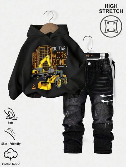 SHEIN 2pcs Kids Boy Casual Versatile Comfortable Loose Hoodie And Pants Set, Suitable For Back To School, School Opening Ceremony