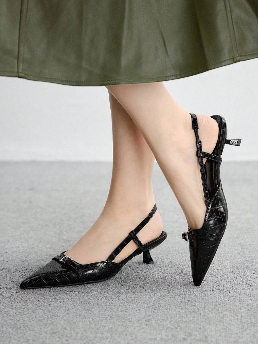 CUCCOO BIZCHIC 女士尖头低跟猫跟鞋黑色舒适通勤办公室日常百搭露跟平底鞋 - 黑色 - 查看 1
