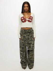 SUMWON 大码长袖图案印花短款上衣，红色设计，适合日常休闲穿着 - 白色 - 查看 3