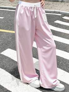 SHEIN Tween Girl Clothes  Tween Girls With Relaxed Fit And Sporty Style Lightweight Polyester Pink Straight Leg Pants For Tween Girls With Sporty Style, Back To School Clothes Girls, Pink Sweatpants Wide Leg Sweatpants Y2k Pants Track Pants Fall Winter - Pink - View 1