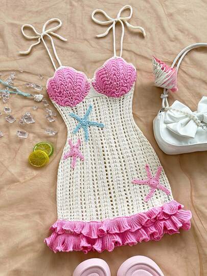 Dreamara Plus Size Women's Holiday Peach Starfish Decor Double Ruffle Hem Knit Dress, Suitable For Vacation, Date, Afternoon Tea, Beach, Cruise, City Trip, Wedding Season, Music Festival