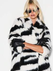 KIZN 斑马纹仿皮草超长外套长袖冬季外套个性单品 - 彩色 - 查看 4