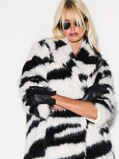 KIZN Zebra Print Faux Fur Maxi Coat Long Sleeve Winter Outerwear