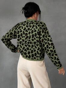 SHEIN Tall 女款豹紋圓領長袖休閒針織開襟衫，秋冬款，適合高個女性 - 軍綠色 - 查看 2