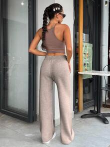 EURMUSE Casual High Waist Solid Color Plain Pattern Wide Leg DrawCord Detailed Belt Knitted Panrs - Mocha Brown - View 2