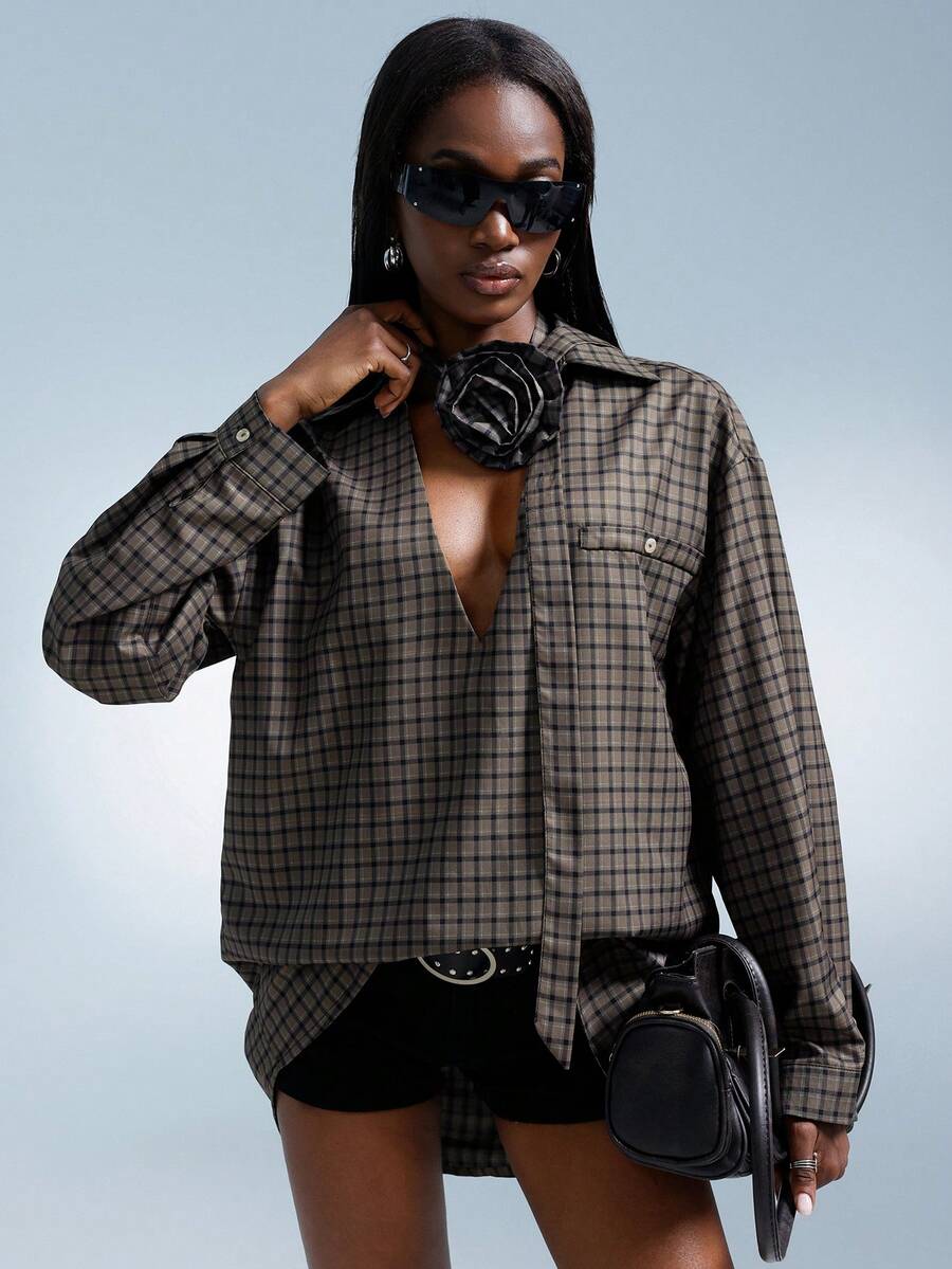 Aveloria GENKIRA 复古美式设计格子领V领系带袖手工3D花卉腰部可调节宽松休闲朋克混合女式长袖衬衫 - 摩卡棕 - 查看 1