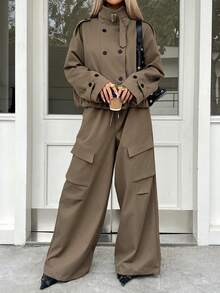 DAZY 女士纯色简约长袖外套和裤子两件套，休闲日常家居服套装 - 卡其色 - 查看 1