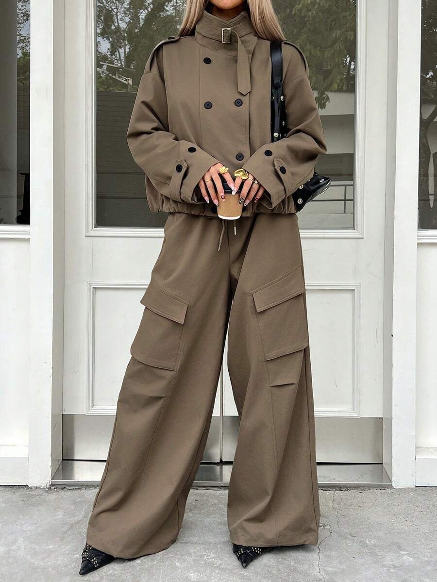 DAZY 女士纯色简约长袖外套和裤子两件套，休闲日常家居服套装 - 卡其色 - 查看 1