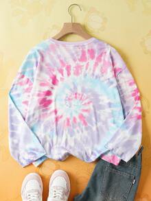 GARFIELD | SHEIN Tween Girl Cartoon Cat Print Tie-Dye Drop Shoulder Long Sleeve Knit T-Shirt - Pink - View 2