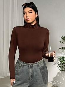 SHEIN EZwear 大码女式巧克力棕色高领长袖休闲T恤紧身衣 - 巧克力棕 - 查看 6