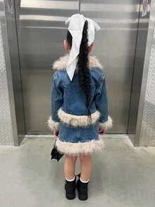 2pcs/Set Young Girl' Y2k Blue Denim Jacket With Furry Trim & Skirt, Autumn/Winter,Plush Fur Suit, Plush Denim Suit,Plush Fur Suit, Plush Denim Suit,Young Girl  Denim Set - Medium Wash - View 4