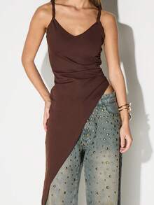 KIZN Twist Strap Asymmetrical Side Ruched Tank Top Sleeveless Summer Festival Basic Vest - Brown - View 4