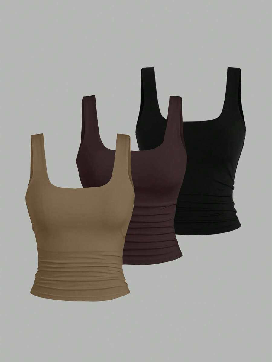 Sweetra Áo ba lỗ cổ vuông xếp ly đơn sắc đa năng cho nữ - Nhiều màu - Xem 1