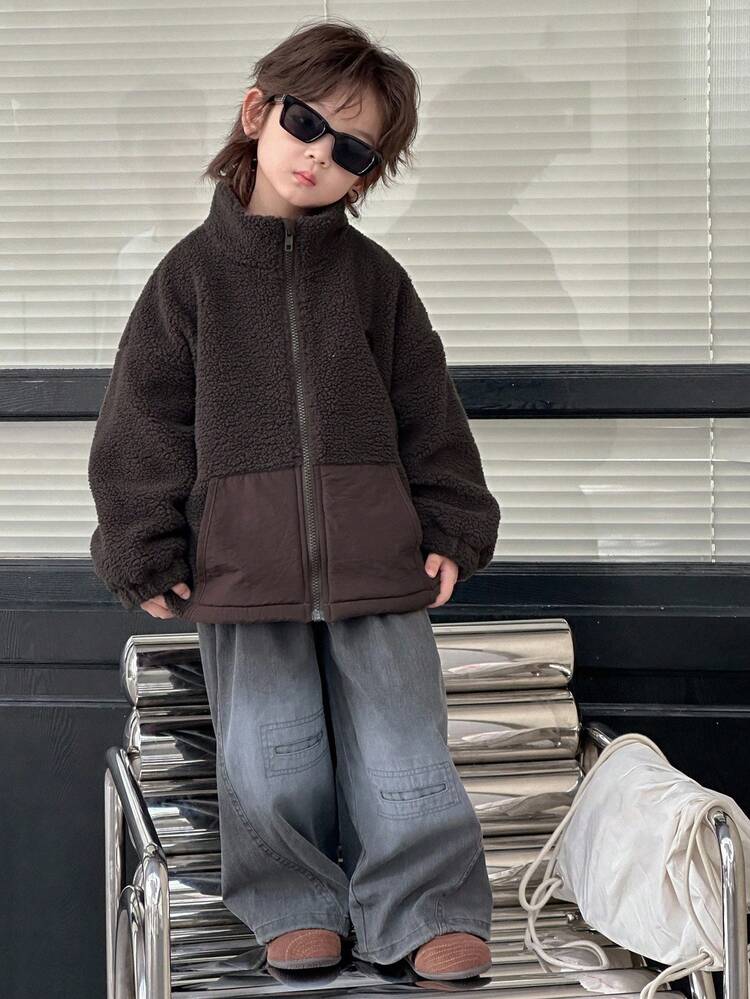 Young Boy Autumn/Winter Embroidered Design Drop Shoulder Long Sleeve Zip-Up Sherpa Jacket