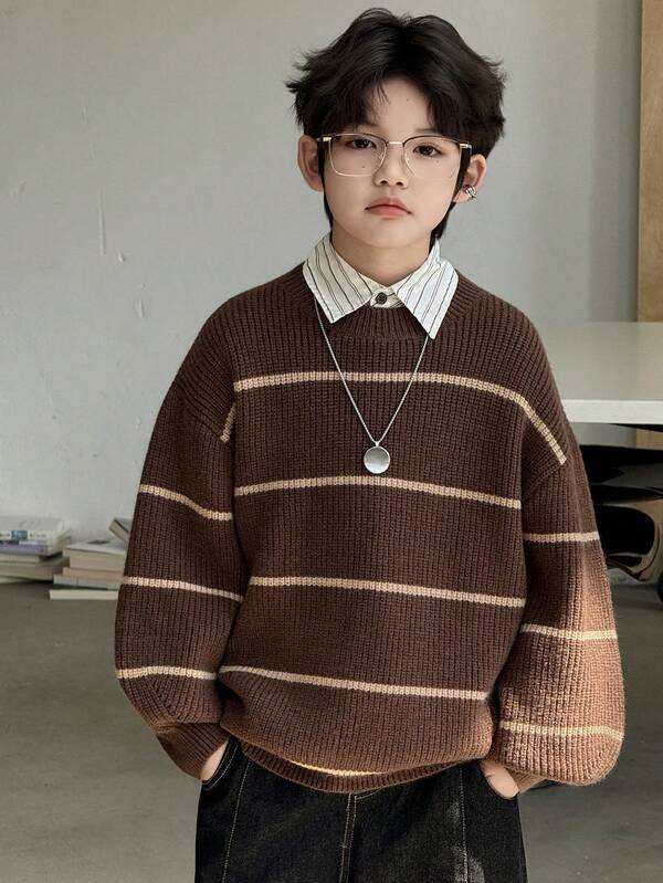 DAZY كنزة صوفية كاجوال ملونة مخططة للأولاد المراهقين، كتف منسدل، خريف/شتاء