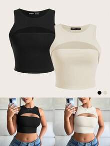 SHEIN SXY Women Solid Color Hollow Out Short Ribbed Slim Fit Tank Top - Multicolor - View 3