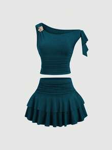 Sweetra 女式夏季金属花朵装饰细肩带背心和褶皱多层迷你裙套装 - 水鴨藍 - 查看 3