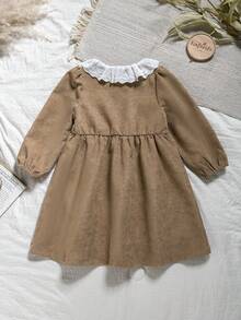 Vintaside Kids Vestido casual de estilo coreano con cuello de encaje de manga larga para niñas, apropiado para acampar, vacaciones, reuniones o uso casual diario en clima suave de otoño - Caqui - Ver 2