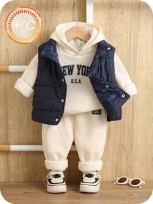 SHEIN Conjunto de 3 peças para bebês meninos: moletom com capuz, calça de moletom com forro térmico e jaqueta grossa. Roupa de inverno unissex ideal para esportes ao ar livre e esqui. - Multicolorido - Ver 9