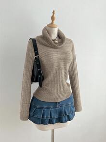 Elamini 女式高领修身毛衣，秋冬 - 摩卡棕 - 查看 3