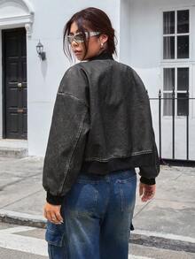 SHEIN EZwear Plus Size Vintage Loose PU Snowflake Bomber Jacket/Winter - Black - View 2
