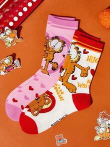 GARFIELD | SHEIN 2 双柔软透气吸湿排汗休闲女士中筒袜，带猫和熊图案，时尚可爱的白色和粉色中筒袜，加固脚趾和脚跟，经久耐用，适合所有季节，适合夏季和冬季，喜欢 - 彩色 - 查看 7
