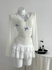 Elamini 蝴蝶结撞色蕾丝领口褶饰腰部修身长袖 T 恤 - 薄荷綠 - 查看 5