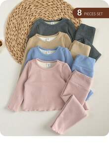 SHEIN 8 Stücke/Set Baby Mädchen Süß Lässig einfarbig Gestricktes Langarm Top und Hose Set, Herbst/Winter