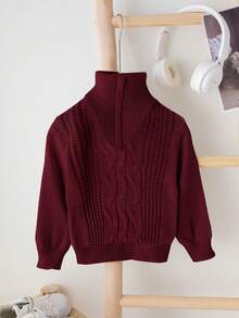 SHEIN Baby Boy/Girl Burgundy Autumn/Winter Collegiate Vintage Textured Intarsia Solid Color Knit Soft Mock Neck Zip-Up Long Sleeve Pullover Top, Soft & Comfortable For School, Home, Outings, New Year Baby Clothes Girl Fall Sweater Toddler Sweaters Baby Boy Burgundy Clothes Baby Boy Sweaters Baby Solid Color Knitted Sweater - Burgundy - View 4