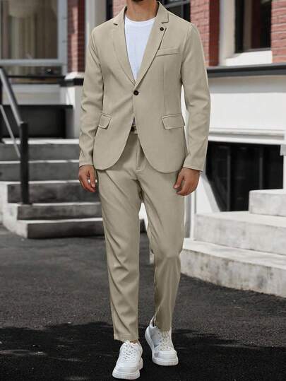 Manfinity Mode Conjunto de blazer y pantalones de unicolor con cuello de solapa y manga larga para hombre, traje formal casual. Traje beige, traje beige para hombre, traje crema para hombre, traje caqui para hombre, trajes de verano. Un gran regalo para un novio o esposo. Formal