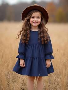 SHEIN Young Girl Solid Round Neck Puff Sleeve Fitted Casual Cake A-Line Dress,Autumn Winter - Navy Blue - View 5