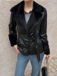 K-Vae Chaqueta casual de manga larga de unicolor con parches de PU, cintura con cordón