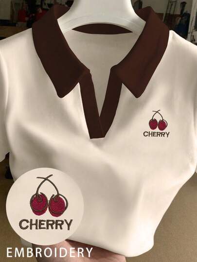 INAWLY Camiseta casual de mujer con cuello polo, manga corta y estampado de letras y cerezas en contraste de color