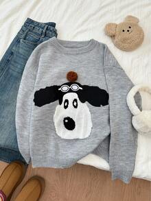 SHEIN Unity Women's Grey Dog Embroidery Pom Pom Jacquard Knit Sweater Top - Grey - View 1