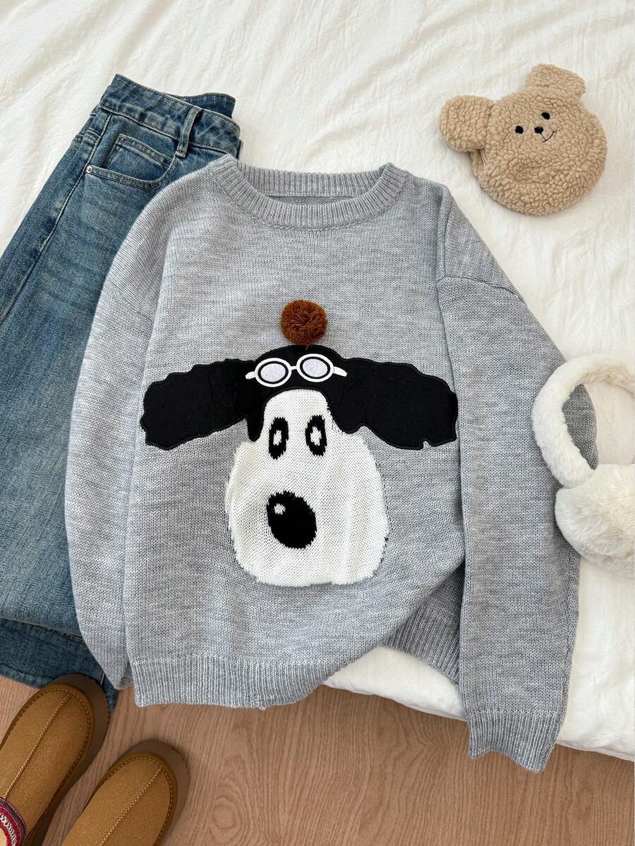 SHEIN Unity Women's Grey Dog Embroidery Pom Pom Jacquard Knit Sweater Top - Grey - View 1