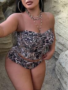 Slaydiva 加大码分体泳衣两件套，简约休闲夏季女式沙滩装，随机印花 - 彩色 - 查看 6