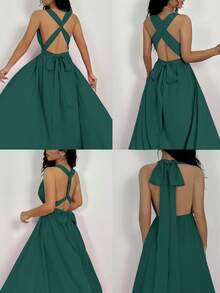 SHEIN Raffinéa Sexy Backless Split Hem Maxi Emerald Dress Formal For Holiday And Party - Dark Green - View 2