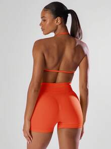 Musera Sport Solid Ruched Bust Open Back Halter Sports Bra , Active Comfy Workout Gym Outfit Running Run Club ,Padel, Tennis, Pickleball Gym Yoga Pilates Fitness Daily Casual - Orange - View 2