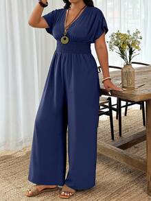 SHEIN PETITE CURVE Plus Size Solid Color Shirred Jumpsuit, Casual & Versatile Short Sleeve
