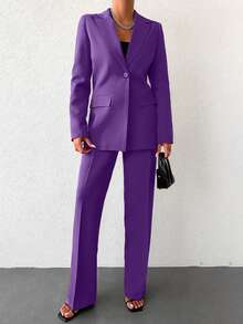 EURMUSE Bộ vest nữ gồm áo blazer tay dài cài khuy đơn màu và quần ống đứng có đường may phía trước - Màu Lilac Tím - Xem 3