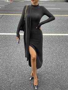 Livesso Women's Autumn High Neck Ruched Tie-Waist Side Slit Dress