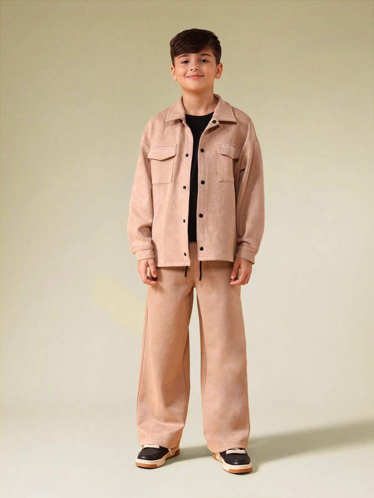 Suedette Button Front Shirt With Wide Leg Pants