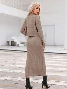 SHEIN Privé 女式纯色落肩长袖 T 恤和吊带背心连衣裙休闲两件套，秋季 - 棕色 - 查看 2