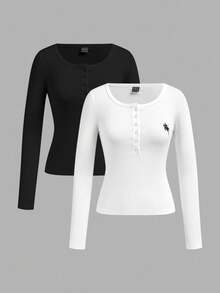 SHEIN Tall Conjunto de dos piezas para mujer, top básico ajustado de manga larga con botones delanteros, blanco y negro, otoño, casual, escuela, vuelta al colegio, ropa de invierno, ropa para Acción de Gracias, para mujeres altas - Blanco y Negro - Ver 1
