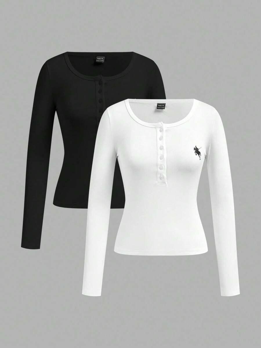 SHEIN Tall Conjunto de dos piezas para mujer, top básico ajustado de manga larga con botones delanteros, blanco y negro, otoño, casual, escuela, vuelta al colegio, ropa de invierno, ropa para Acción de Gracias, para mujeres altas - Blanco y Negro - Ver 1
