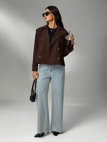SHEIN Tall Women's Short Button Lapel Raincoat British Style Stylish Khaki Regular Hem Trench Coat With Long Sleeves For Everyday Comfort In Fall/Winter Brown Blazer Women Cropped Blazer Brown Jacket Women Cropped Jacket Oversized Jacket - Brown - View 4