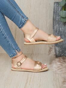 Sandalias Planas de Suela Tipo Yute Varios Colores Para Dama Estilo JOSELIN100 Detalle Cinturón Hebilla al Tobillo - Oro rosa - Ver 3