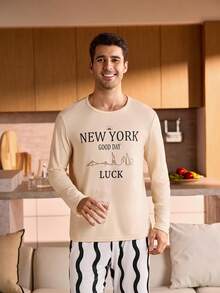 SHEIN Provexi Letter Print Crew Neck Long Sleeve Top & Wavy Pants Men Pajama Set Fall Winter Clothes - Apricot - View 4